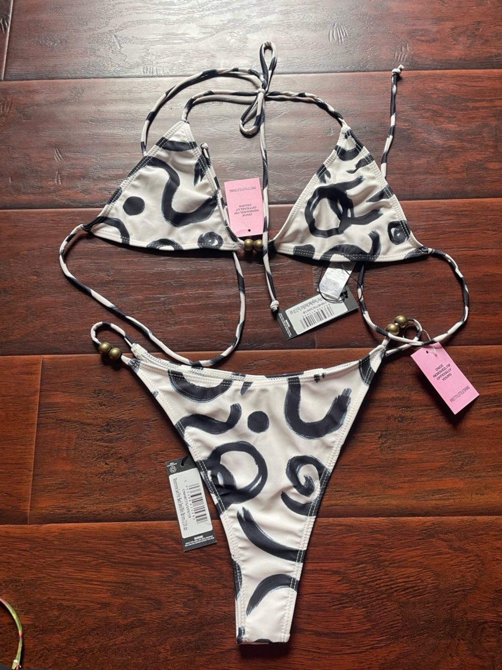 NWT PLT monochrome swirl print bikini with beads